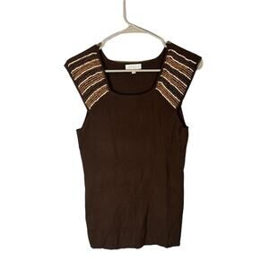 Joseph A. Women’s Brown Beaded Square Neck Dressy Blouse Cap Sleeve Size Small